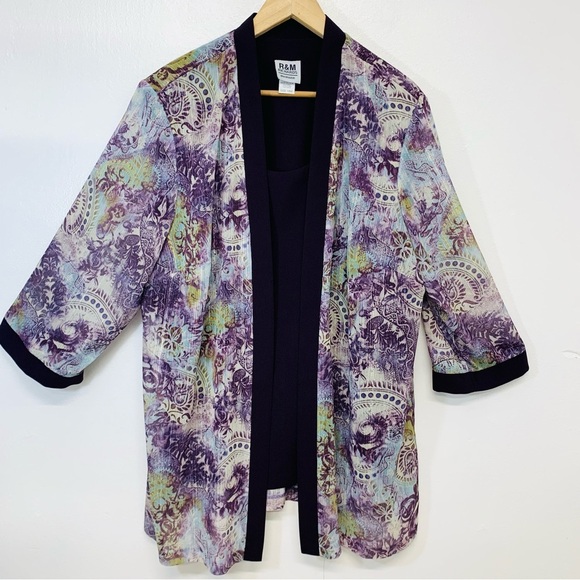 R M Richards Top Woman 18W‎  Purple Floral Faux Twin Jacket Long Line Lagenlook - Picture 1 of 10